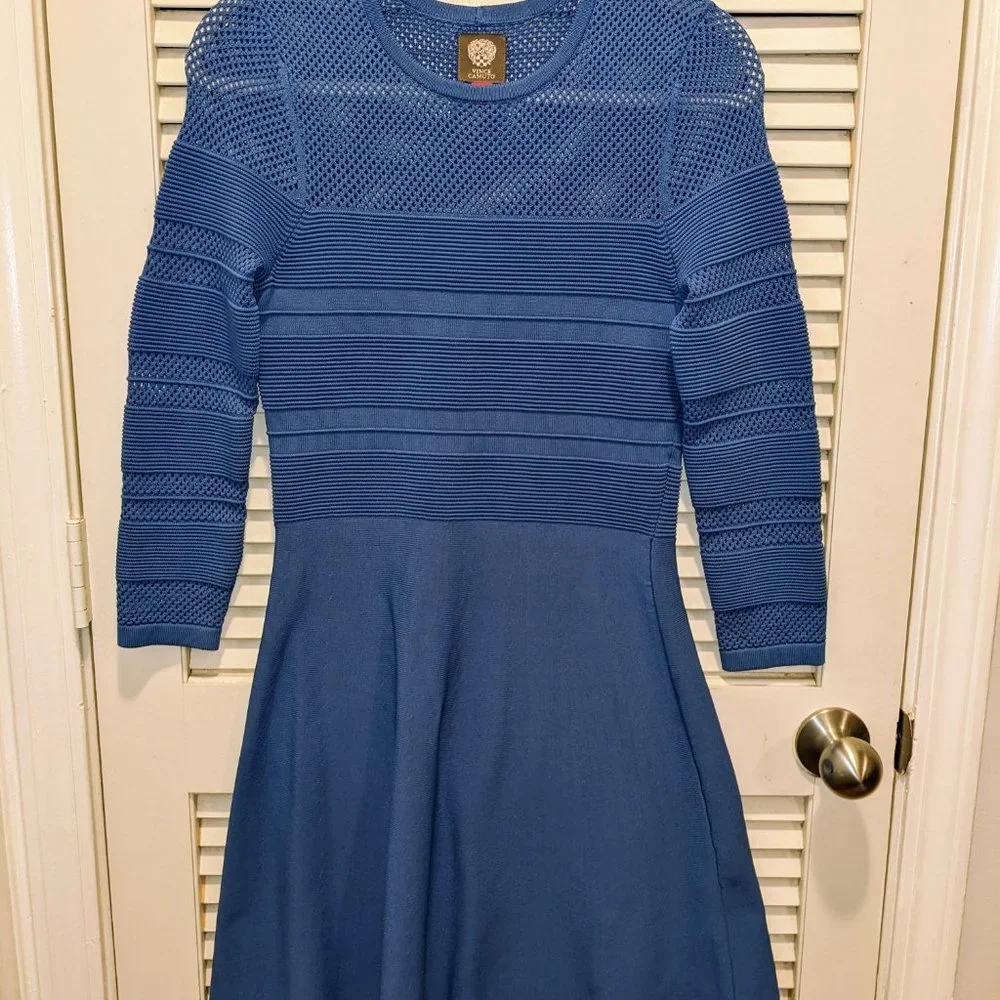 NWOT Vince Camuto Dress Blue Casual Knit Flare Women's Small Stretchy Spring - Picture 4 of 9